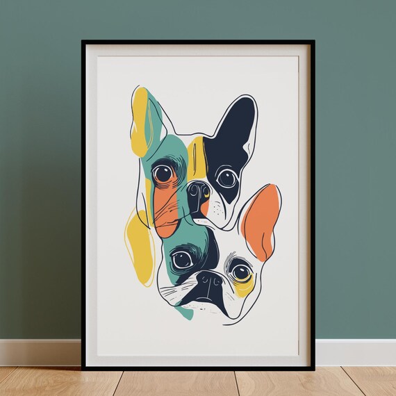 Two Boston Terrier Faces Stacked Abstract Line Drawing Poster Duo