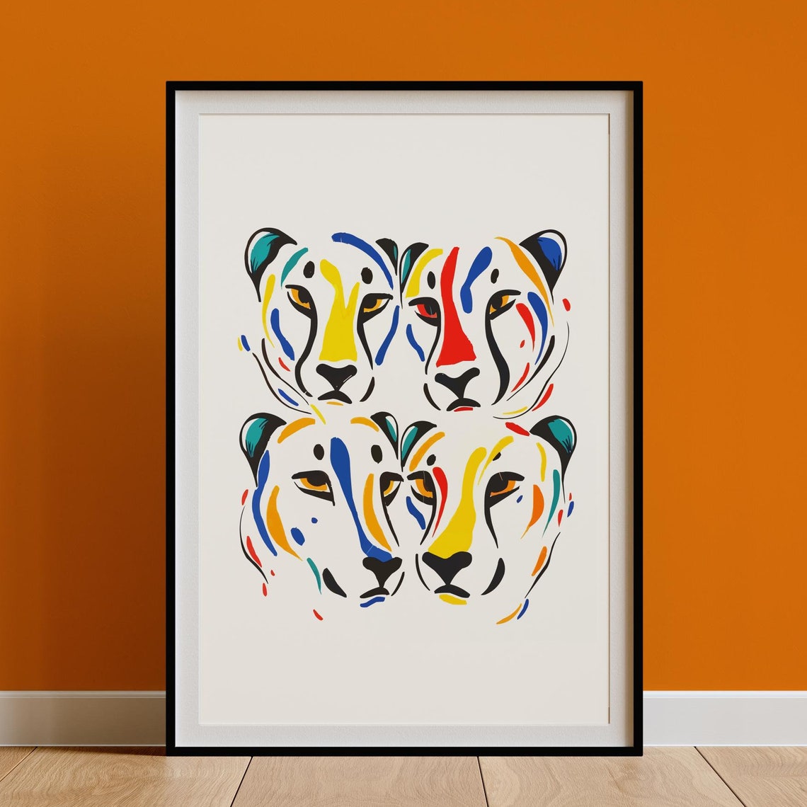 Four Colorful Cheetah Faces Cluster Abstract Line Art Poster Decor