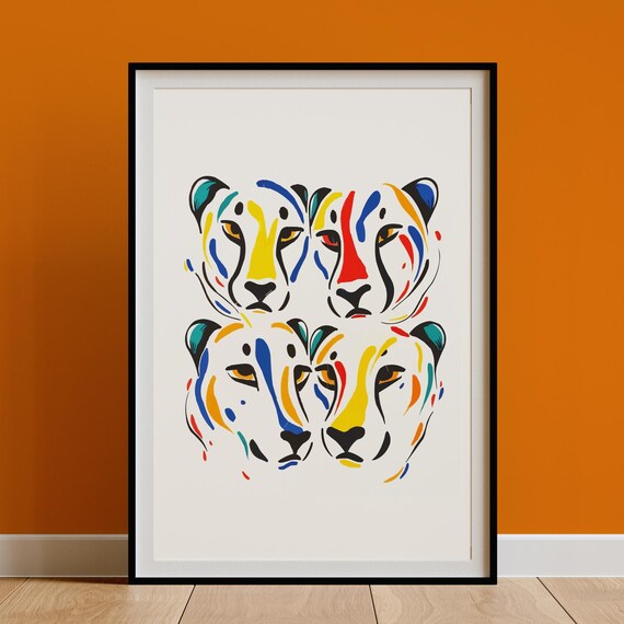 Four Colorful Cheetah Faces Cluster Abstract Line Art Poster Decor