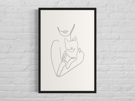 Woman Holding Cat Line Art Print, Minimalist Poster