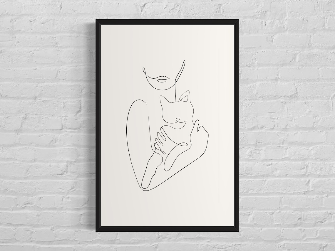 Woman Holding Cat Line Art Print, Minimalist Poster