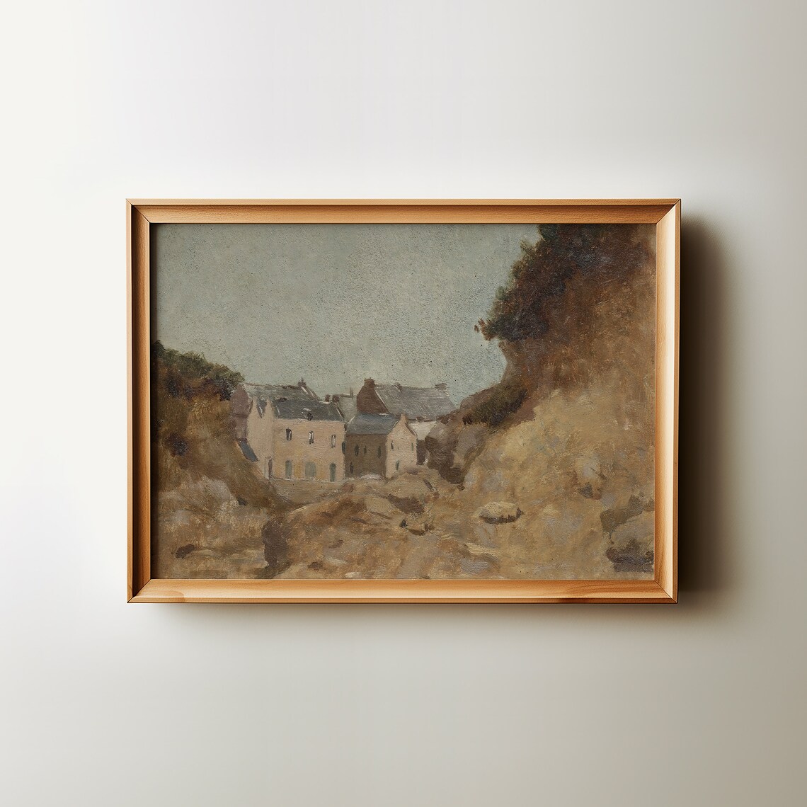 Warm Tone Coastal Fishing Village Rocky Cove Vintage Oil Poster - Image 3