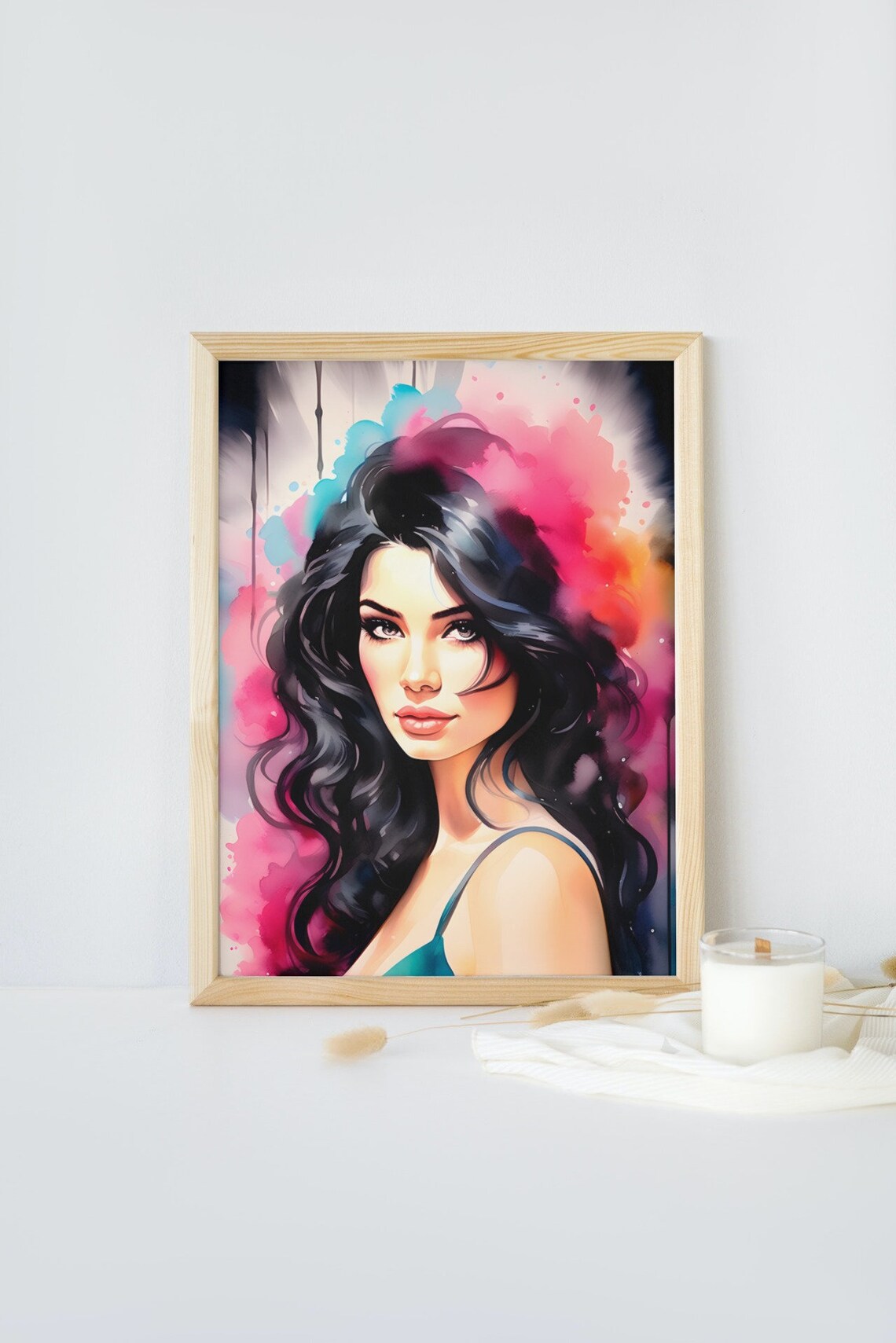 Brunette Woman Watercolor Portrait Pink Splash Elegant Beauty Poster