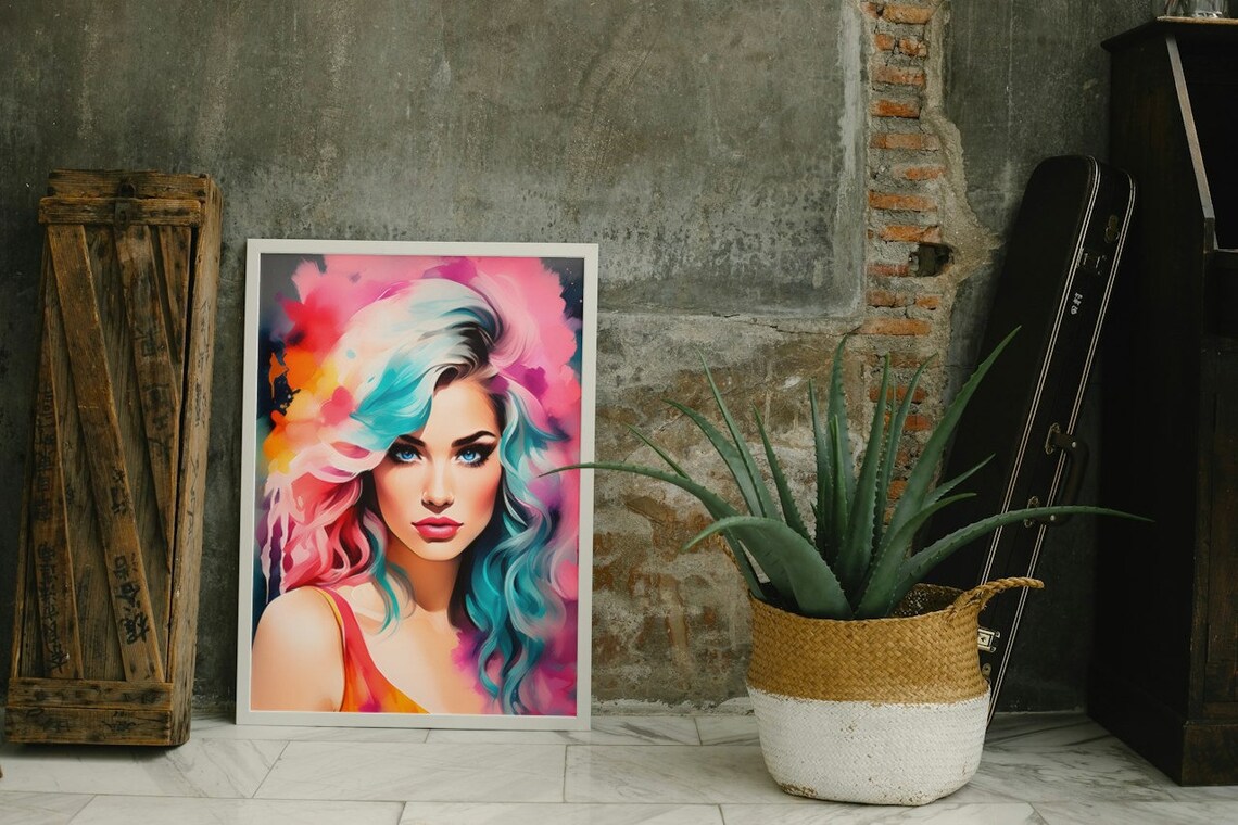 Colorful Woman Portrait Watercolor Pink Teal Hair Fashion Art Poster - Image 3