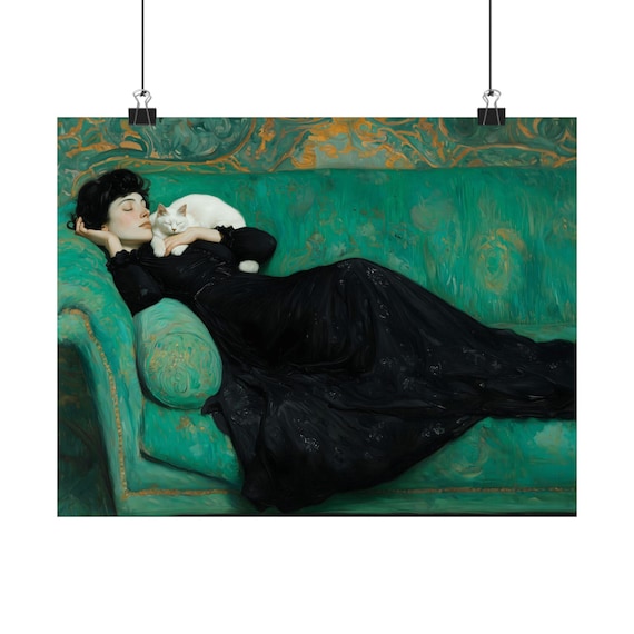 Woman in Black Dress with White Cat on Teal Sofa Goth Art Poster