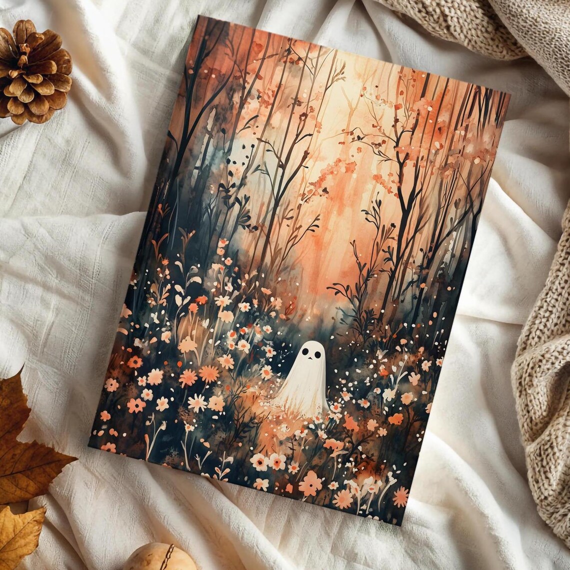 Cute Ghost In Autumn Wildflower Forest Spooky Sweet Halloween Art Print