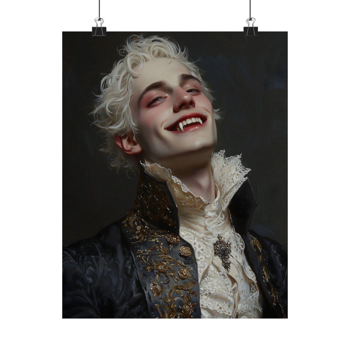 Blond Vampire Smiling Fangs Baroque Coat Lace Cravat Gothic Art Print - Image 2