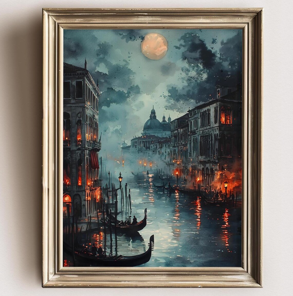 Venice Italy Moonlit Grand Canal Gondolas Glowing Windows Travel Poster - Image 2