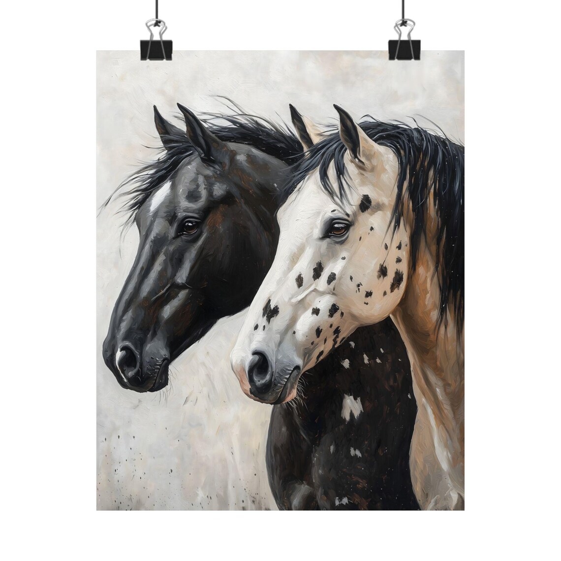 Black And White Appaloosa Horse Pair Oil Painting Equestrian Art Print - Image 2
