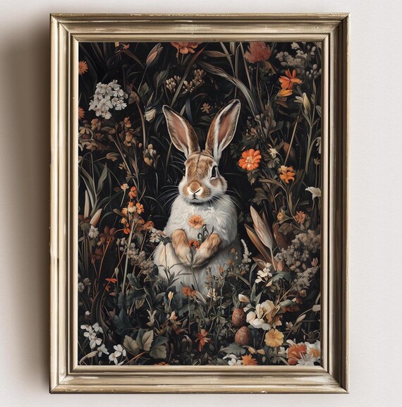 Cottagecore Rabbit Painting Dark Academia Wall Art Vintage Bunny Art Moody Rustic Decor Cottagecore Decor Easter Decor Dark Bunny Art