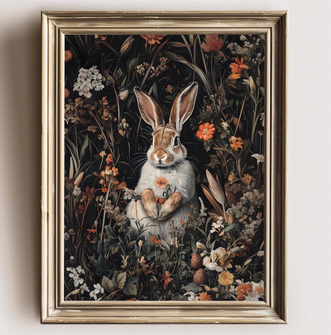 Vintage Bunny Dark Wildflower Meadow Moody Cottagecore Wall Art