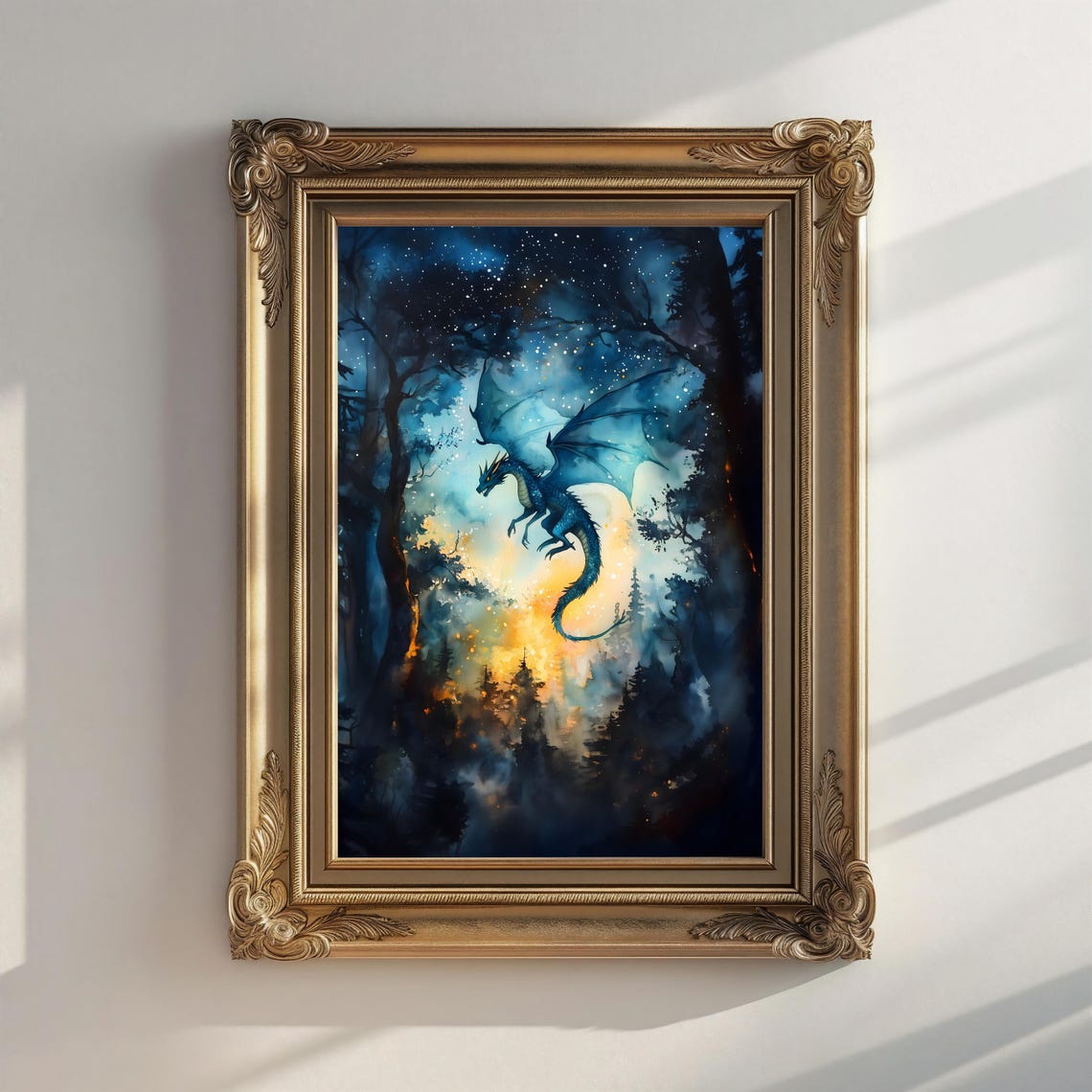 Dragon Flying Under Starry Sky Over Glowing Forest Night Print - Image 2