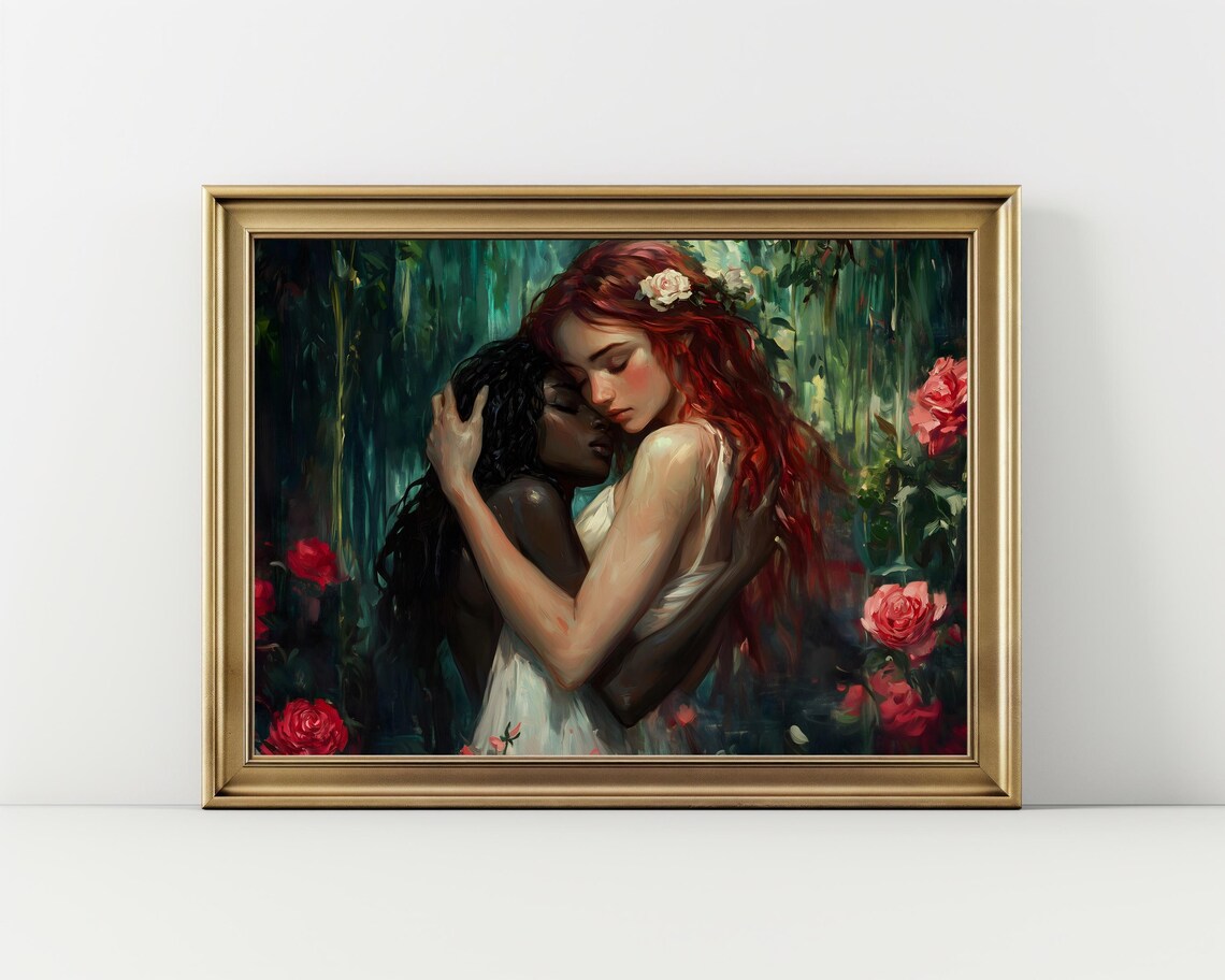 Embracing Lovers In Dark Rose Garden Romantic Moody Fine Art Print - Image 2