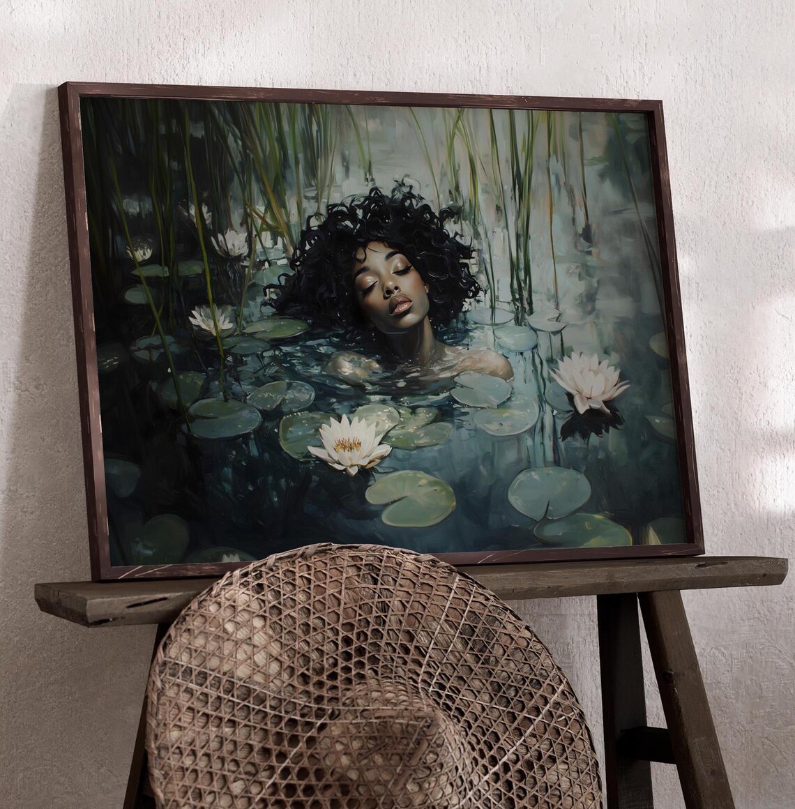 Black Ophelia Curly Hair Woman Water Lily Pond White Flowers Dark Poster - Image 2