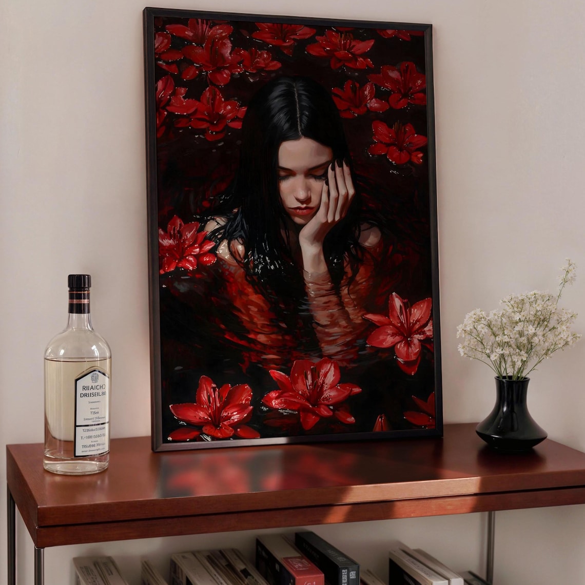 Red Sea Dark Academia Gothic Art Print, Red Flowers