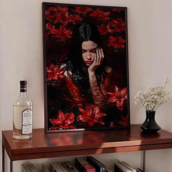 Red Sea Dark Academia Gothic Art Print, Red Flowers