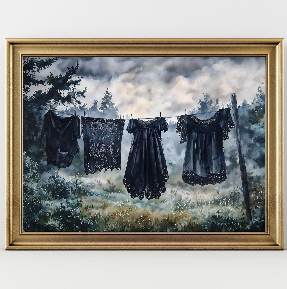 Black Lace Dresses Clothesline Foggy Garden Watercolor Gothic Art Poster
