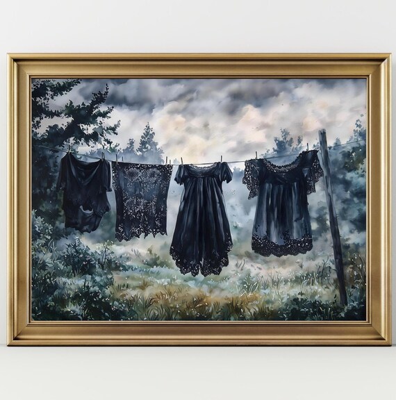 Black Lace Dresses Clothesline Foggy Garden Watercolor Gothic Art Poster