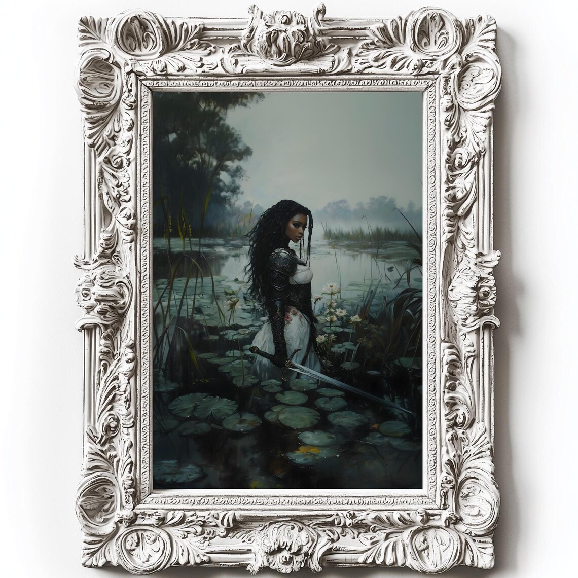 Black Female Knight Armor Sword Misty Water Lily Pond Fantasy Wall Art