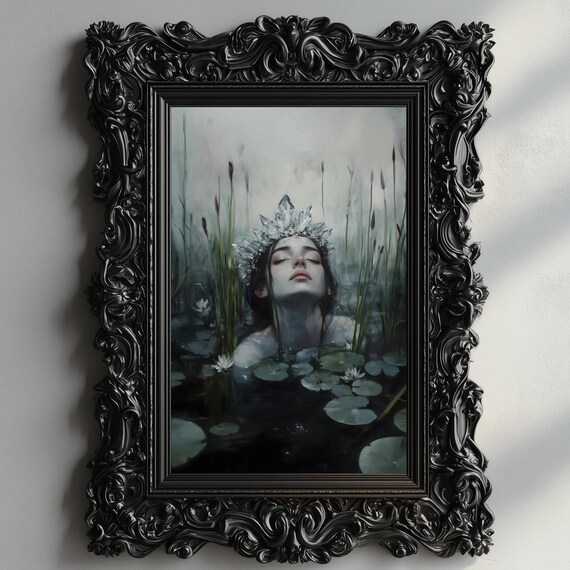 Ophelia Crystal Crown Woman Dark Lily Pond Reeds Gothic Fantasy Poster