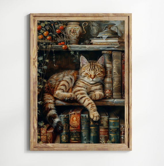 Sleeping Cat Dark Academia Book Stack Art Print