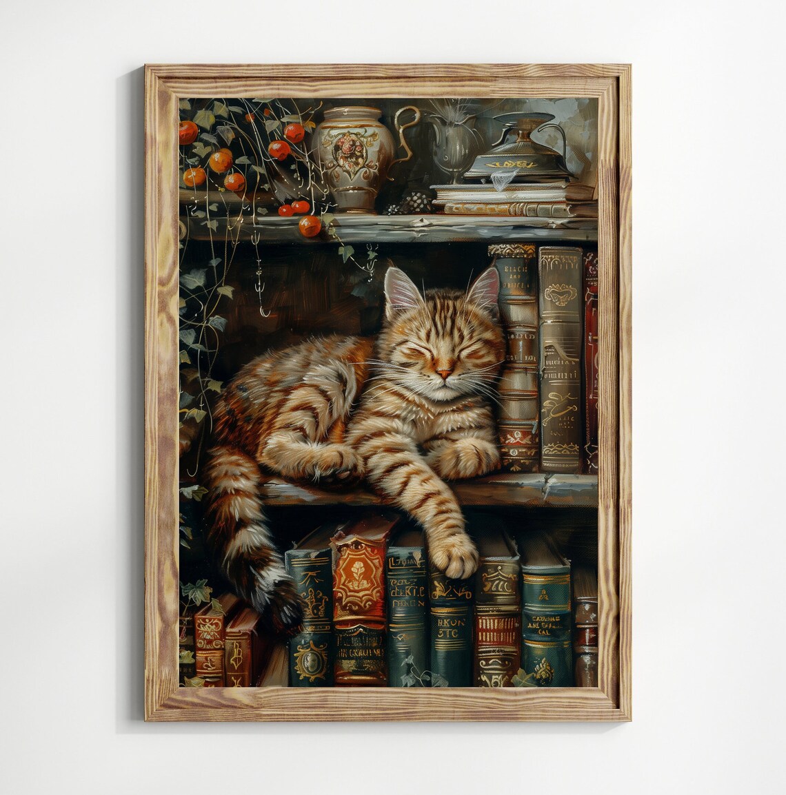 Sleeping Cat Dark Academia Book Stack Art Print
