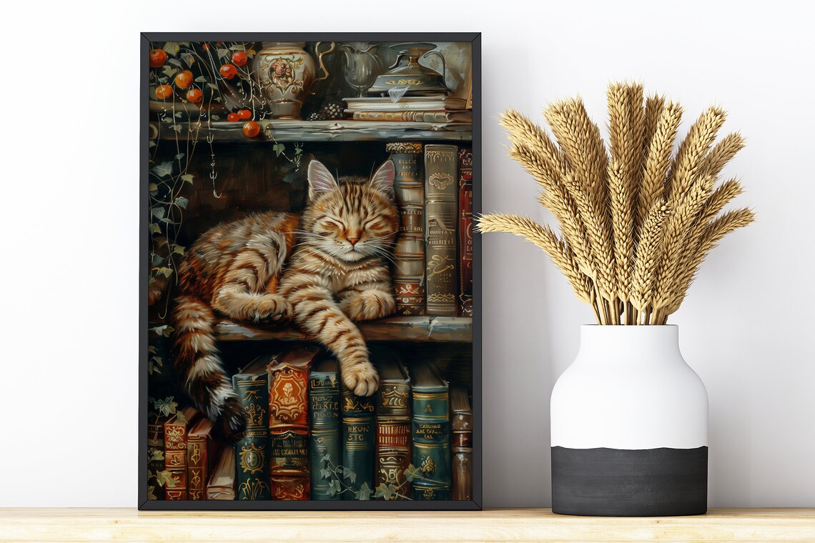 Sleeping Cat Dark Academia Book Stack Art Print - Image 2