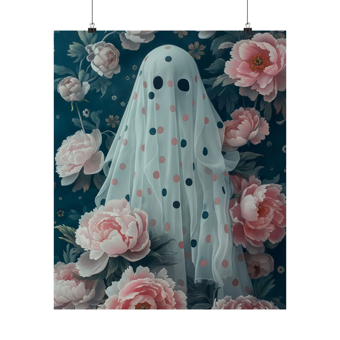 Polka Dot Ghost Among Pink Peonies Cute Floral Halloween Art Print - Image 2