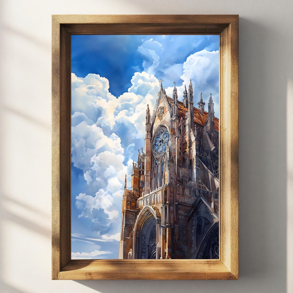 Gothic Cathedral Rose Window Facade Warm Sunlight Watercolor Travel Poster