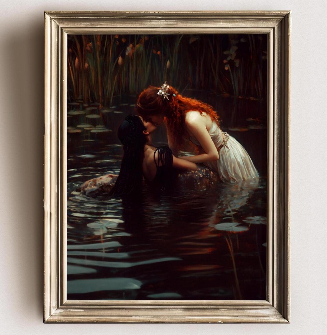 Girlfriends Dark Lake Embrace Dusk Reeds Romantic Oil Painting Print