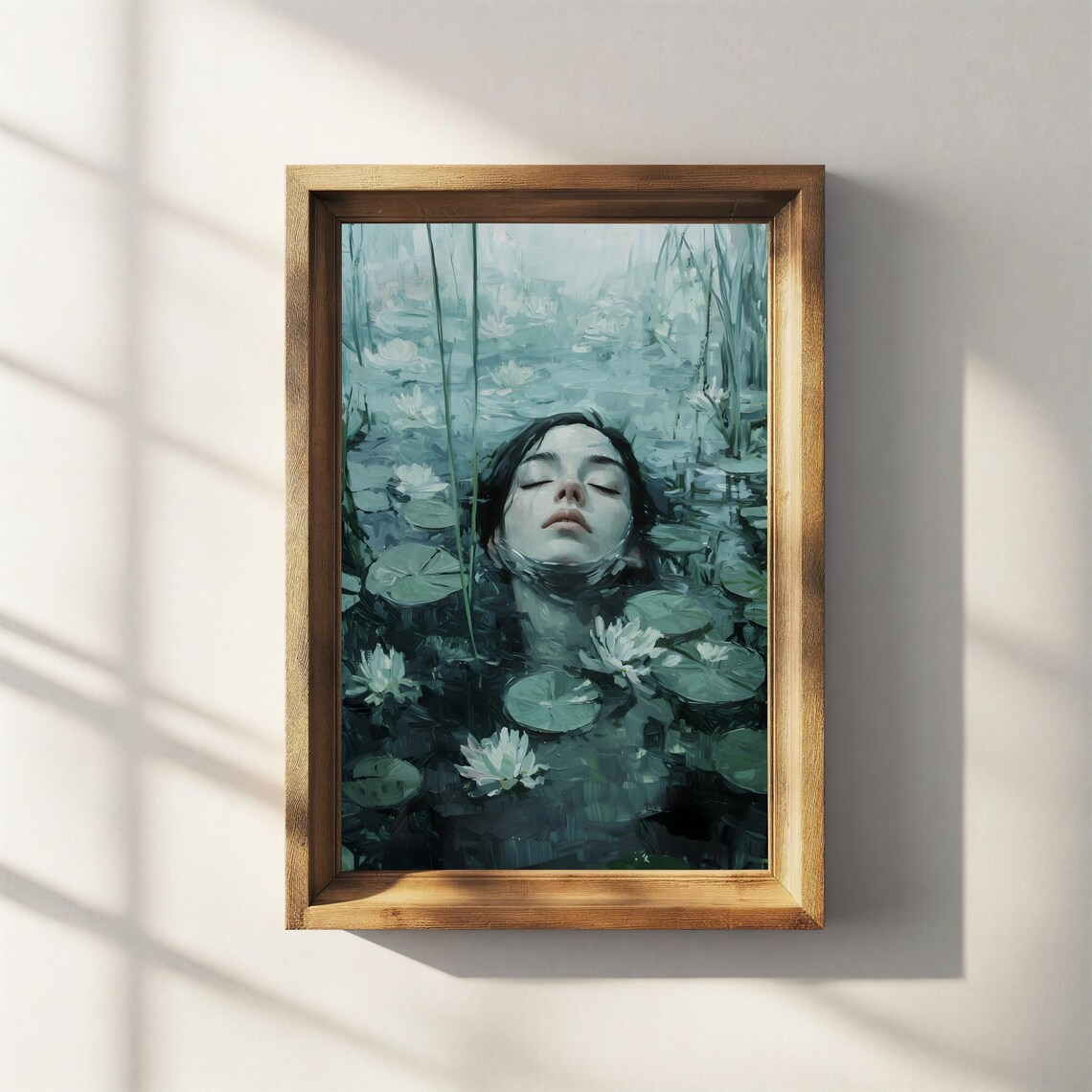 Ophelia Woman Floating in Green Water Lily Pond Moody Art Print - Image 2