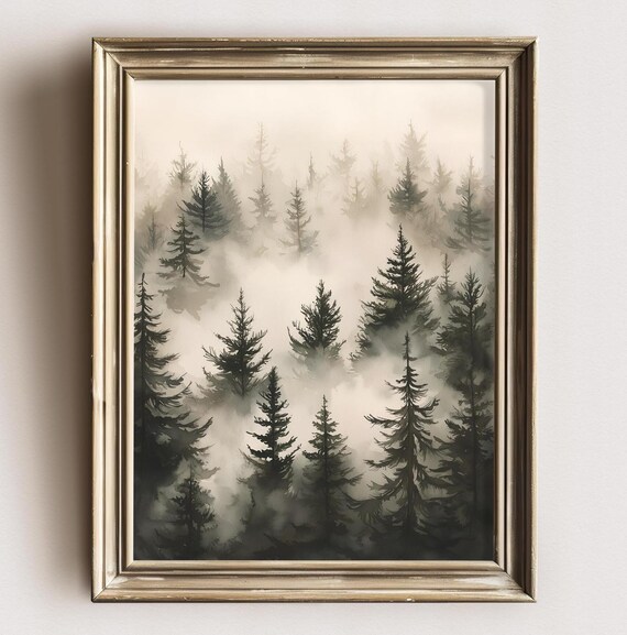 Pine Tree Forest Print Moody Foggy Landscape Vintage Pine Tree Forest Winter Landscape Print Misty Forest Fall Rustic Cabin Wall Decor