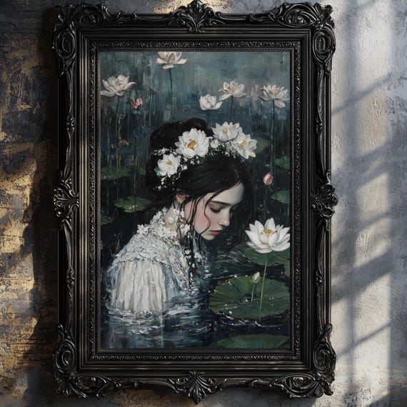 Ophelia Dark Academia Print The Lake Goth Moody Victorian Wall Art Dark Decor Aesthetic Dark Cottagecore Gothic Prints Into Lake