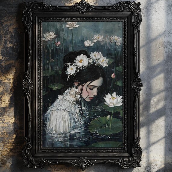 Ophelia Sinking Among White Water Lilies Dark Pond Gothic Art Poster