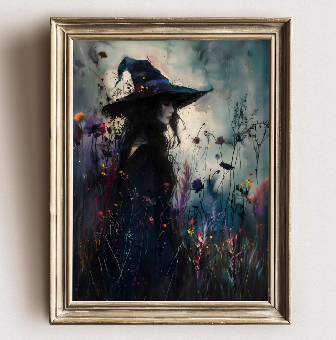 Dark Moody Witch With Wildflowers, Gothic Art Print