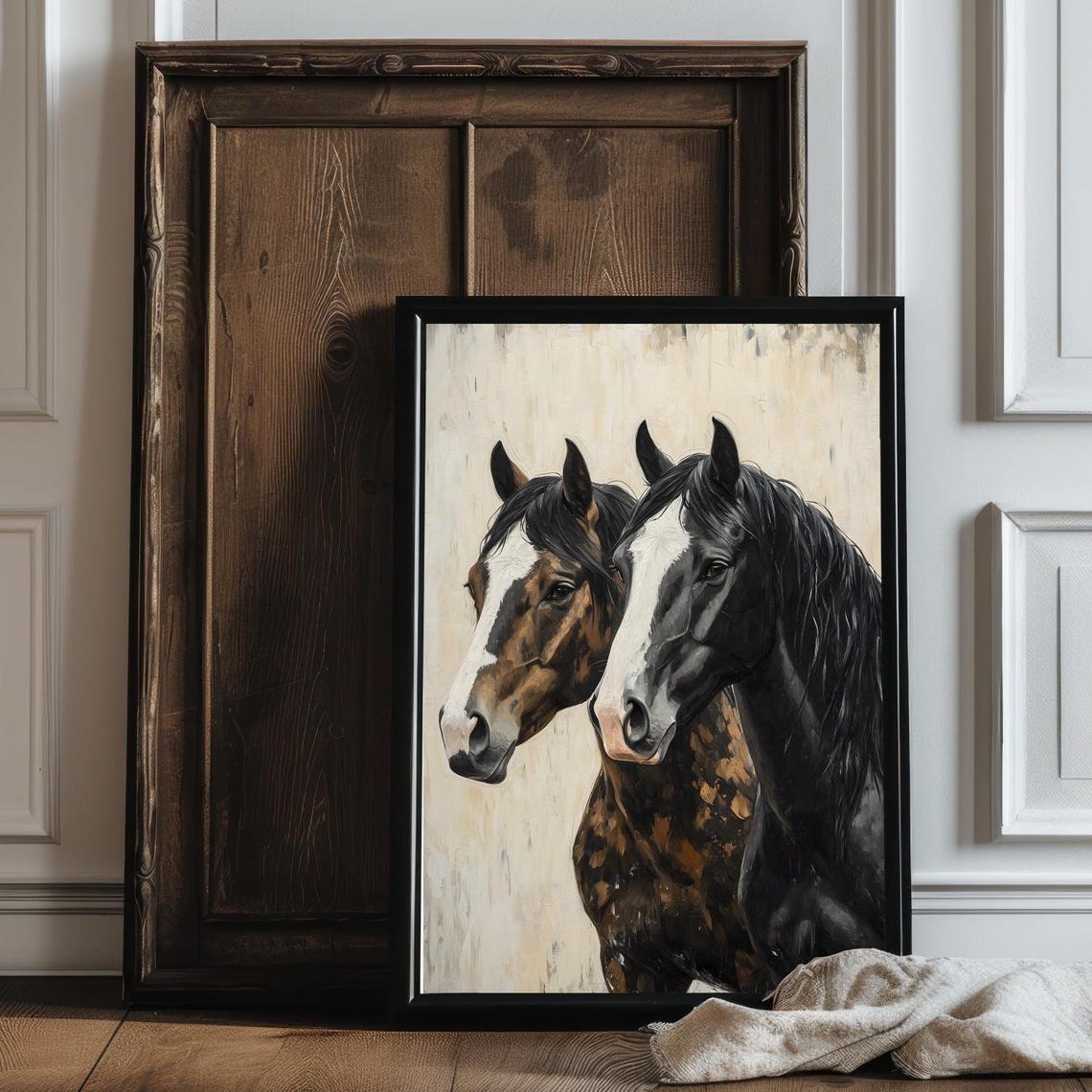 Black And White Horse Heads Portrait Farmhouse Equestrian Art Print - Image 2