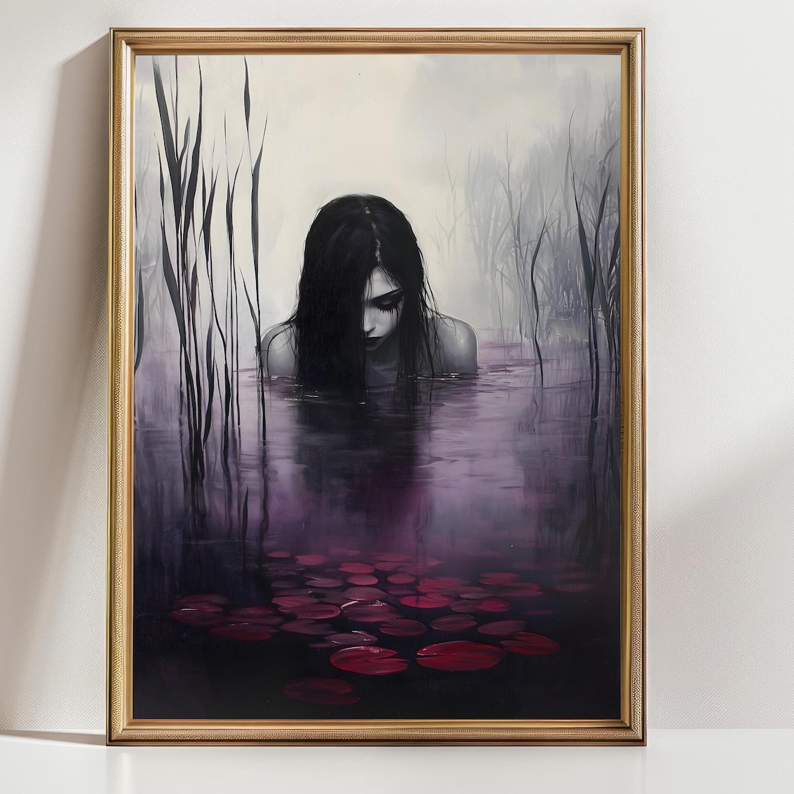 Dark Siren Woman Black Water Red Lily Pads Misty Reeds Gothic Poster