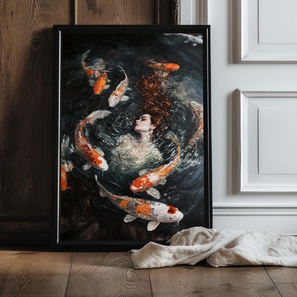 Red Haired Woman Floating With Colorful Koi Fish Dark Pond Oil Painting Art Poster - Image 2