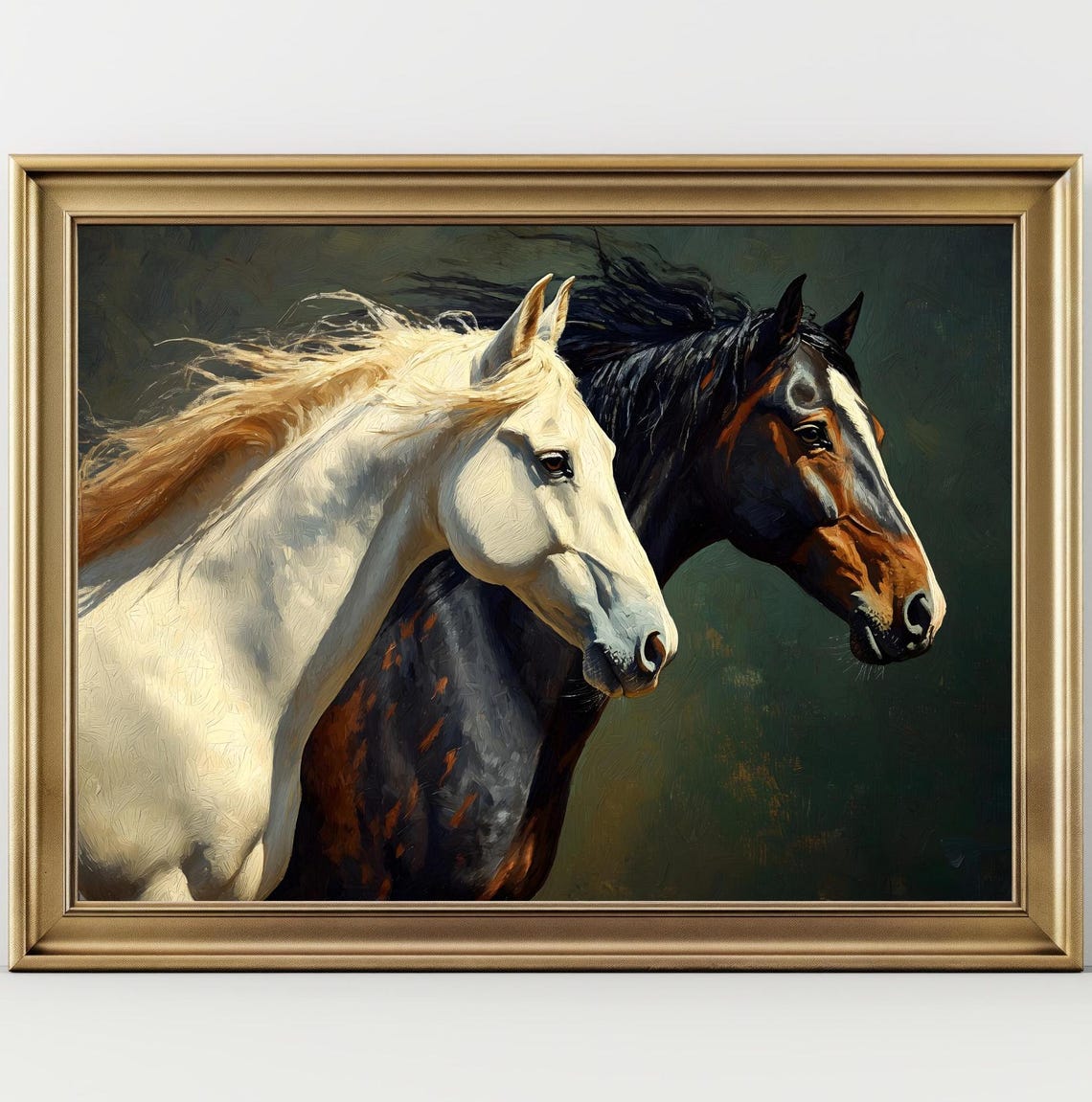 White And Bay Horse Heads Dramatic Dark Background Equestrian Print - Image 2
