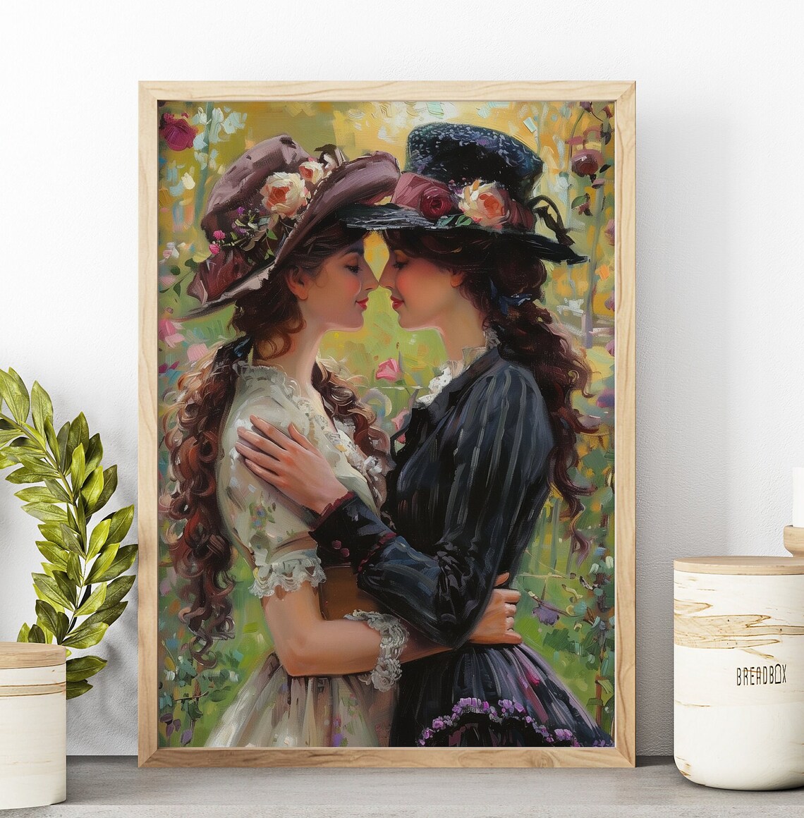 Victorian Lovers Garden Embrace Floral Hats Sapphic Oil Painting Print - Image 3