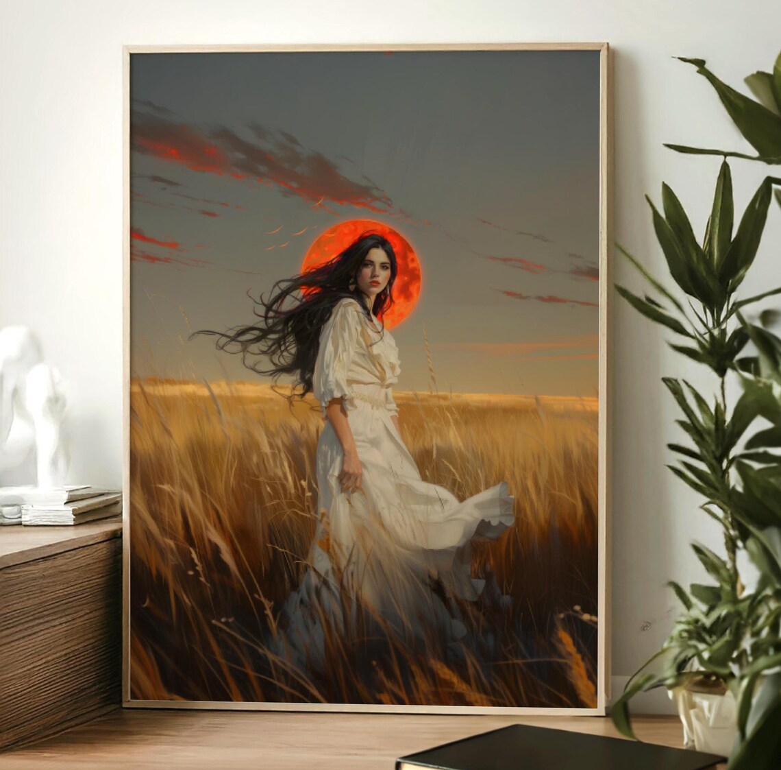 Woman in White Dress in Wheat Field Under Giant Red Moon Poster - Image 3