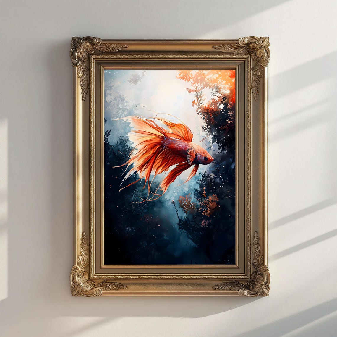 Fiery Orange Betta Fish Flowing Fins Dark Water Watercolor Wall Poster - Image 2