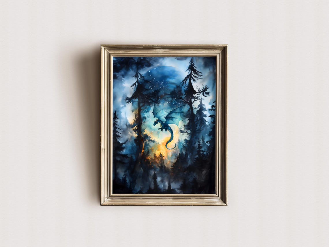 Dragon Flying Moonlit Blue Pine Forest Starry Fantasy Wall Art - Image 2