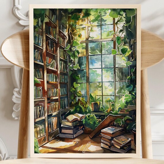 Cozy Library Corner With Plants And Books Sunny Window Watercolor Poster