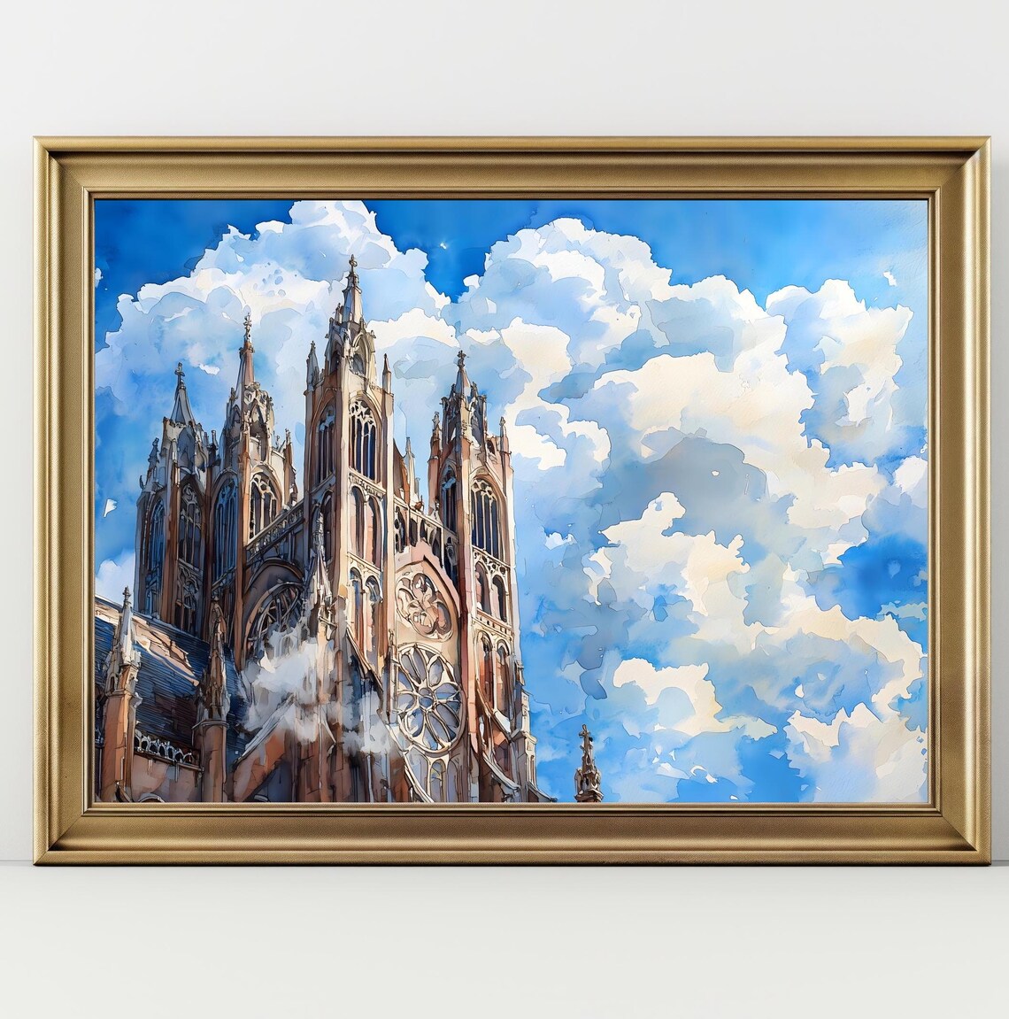 Gothic Cathedral Rose Window Blue Cloudy Sky Watercolor Architecture Print