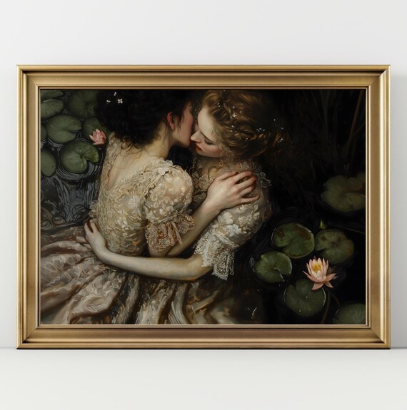 Two Women Embracing Water Lilies Dark Romantic Vintage Art Print