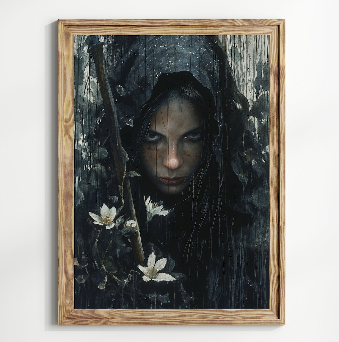 Dark Forest Witch Portrait White Flowers Rainy Woods Moody Gothic Print