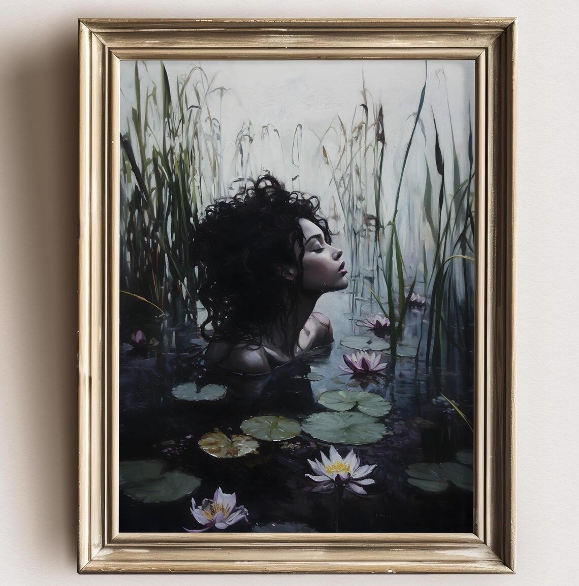 Black Ophelia Curly Hair Woman White Lotus Lily Pond Dark Academia Print - Image 2