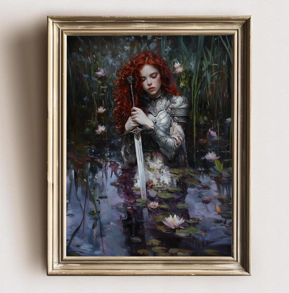 Female Knight Victorian Decor Dark Academia Print The Lake Goth Moody Victorian Wall Art Dark Decor Aesthetic Woman With Sword Print