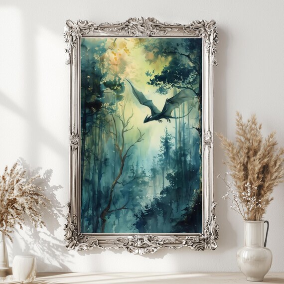 Forest Dragon Watercolor Art Vertical Poster Print Fantasy Art Forest And A Dragon Fantasy Painting Watercolor Illustration Dark Academia